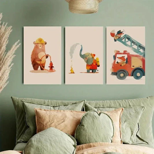 3pcs Adorable Firefighter Animal Metal Print Ready to Hang Art