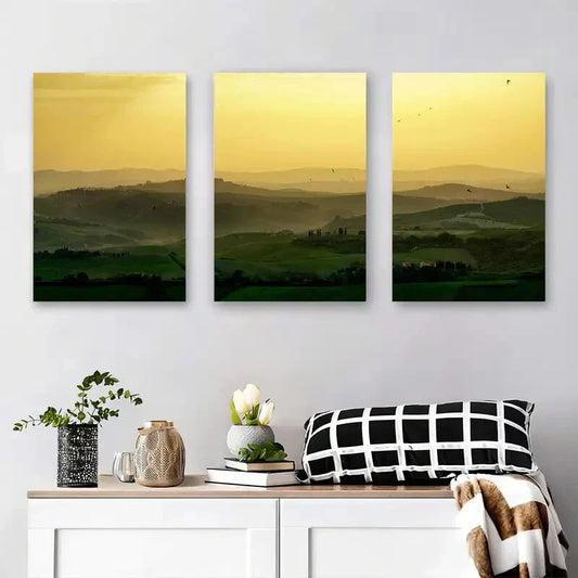3pcs Serene Green Landscape & Sunset Sky Metal Print Ready to Hang Art