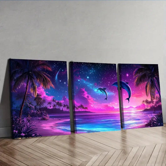3pcs Dolphin Silhouette Under Purple Sky Ocean Wall Art Set Canvas Framed 40x60cm - High Quality Print 100% Australian Made Wall Canvas Ready to Hang