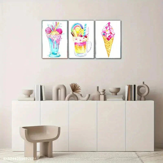 3pcs Ice Cream Drinks Summer Cold Drinks Metal Print Ready to Hang Art