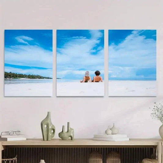 3pcs Beach Scene Palm Trees & Clear Blue Sky Wall Art Set Canvas Framed 40x60cm - High Quality Print 100% Australian Made Wall Canvas Ready to Hang