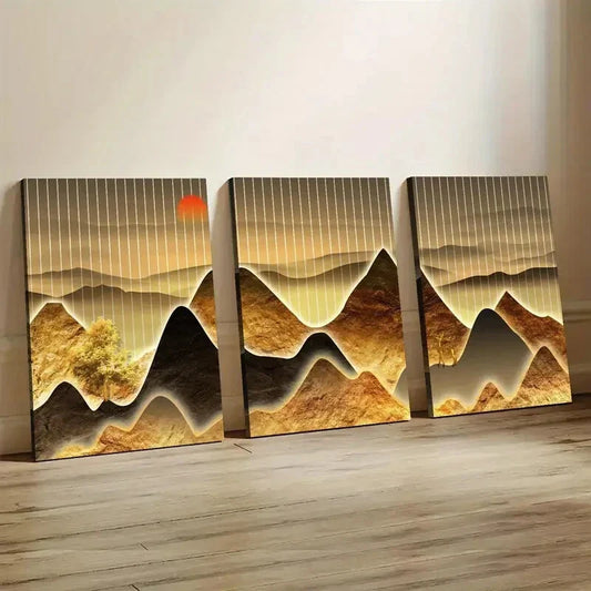 3pcs Golden Mountain Scenery with Sunset  Wall Art Set Canvas Framed 40x60cm - High Quality Print 100% Australian Made Wall Canvas Ready to Hang