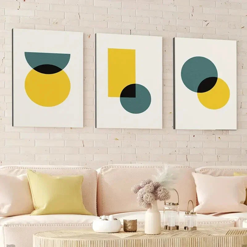 3pcs Abstract Retro Geometric Round Square Blue Wall Art Set Canvas Framed 40x60cm - High Quality Print 100% Australian Made Wall Canvas Ready to Hang