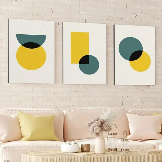 3pcs Abstract Retro Geometric Round Square Blue Wall Art Set Canvas Framed 40x60cm - High Quality Print 100% Australian Made Wall Canvas Ready to Hang