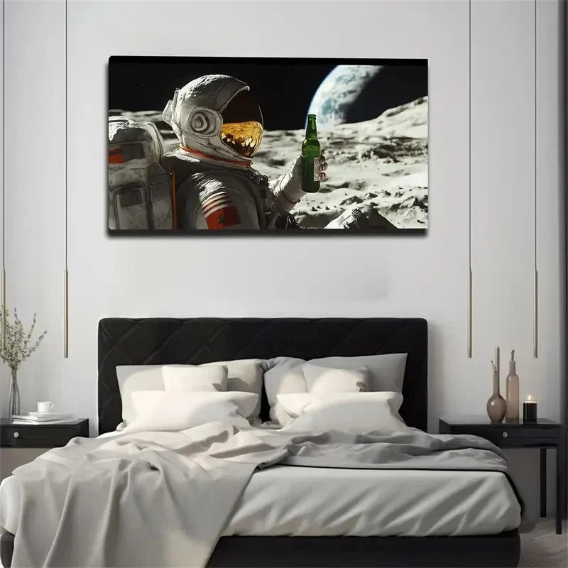 Astronauts Drinking On The Moon Wall Art Canvas Office Home Room Framed 120x60cm