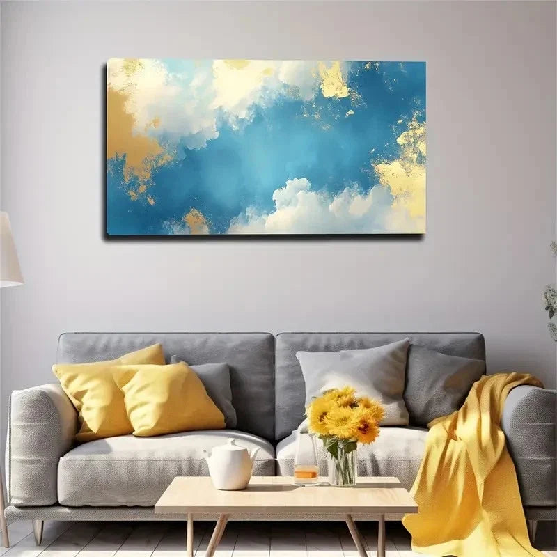 Modern Blue Golden Sky Design Wall Art Canvas Office Home Room Framed 120x60cm
