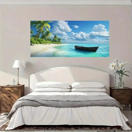 Turquoise Ocean Palm Trees Boat Wall Art Canvas Office Home Room Framed 120x60cm
