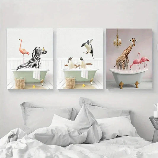 3pcs Modern Animals in the Bathtub Metal Print Ready to Hang Art