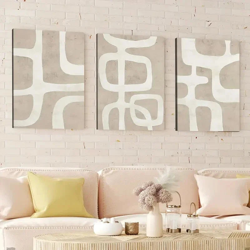 3pcs Abstract Geometric Beige Brown White Line Wall Art Set Canvas Framed 40x60cm - High Quality Print 100% Australian Made Wall Canvas Ready to Hang