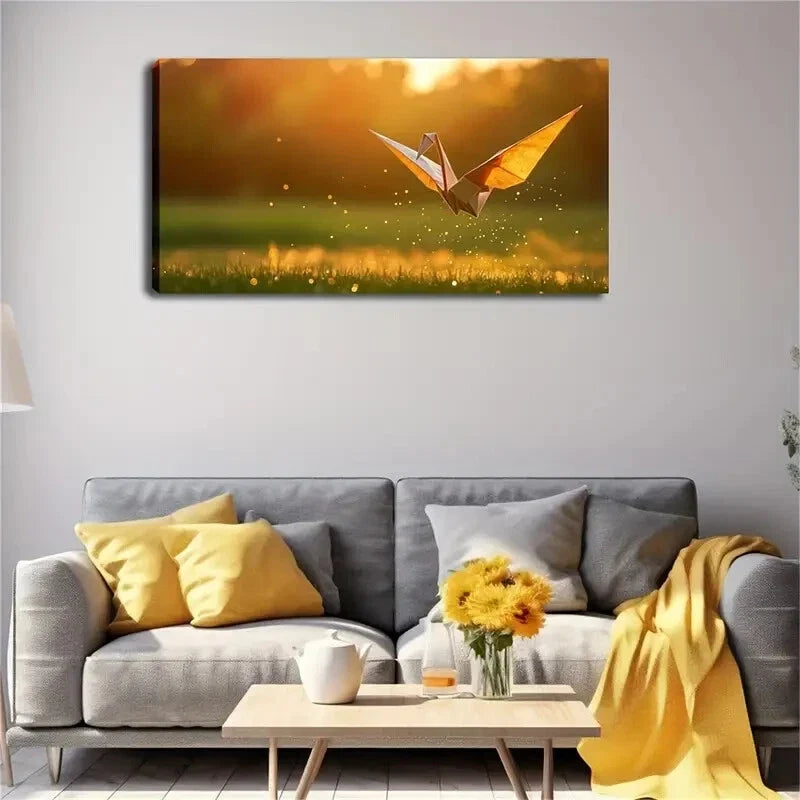 Flying Origami Crane Over Grass Wall Art Canvas Office Home Room Framed 120x60cm