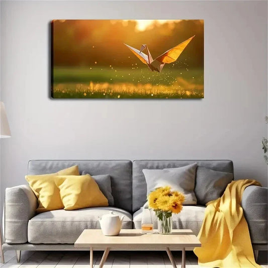 Flying Origami Crane Over Grass Wall Art Canvas Office Home Room Framed 120x60cm
