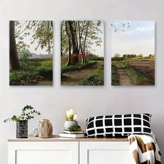 3pcs Tranquil Dirt Road with Trees & Wildflowers Metal Print Ready to Hang Art