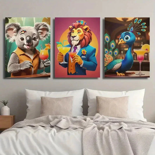 3pcs Quirky Animal Cocktail Koala Lion & Peacock Metal Print Ready to Hang Art