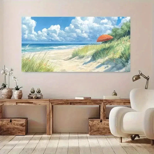 Serene Beach Umbrella Sky wall canvas office home room framed 120x60cm