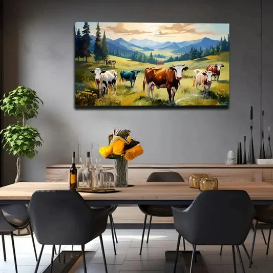 Country Cows Harmonious Space Wall Art Canvas Office Home Room Framed 80x45cm