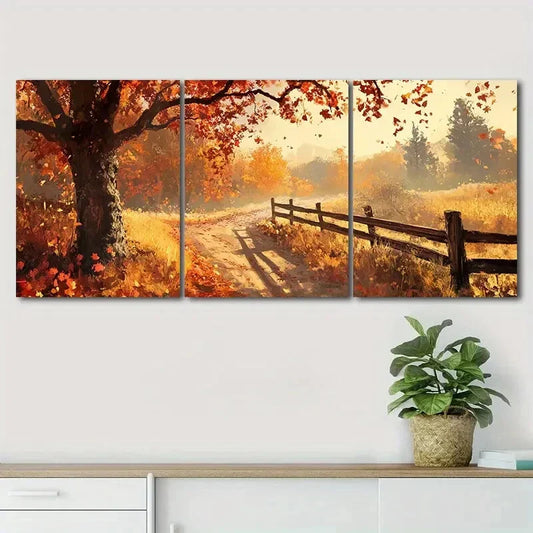 3pcs Autumn Tree & Golden Leaves Shine Perfect Wall Art Set Canvas Framed 40x60cm - High Quality Print 100% Australian Made Wall Canvas Ready to Hang