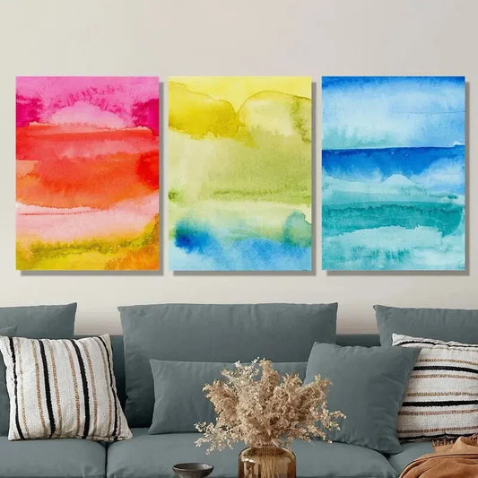 3pcs Retro watercolor abstract painting,Metal Print Ready to Hang Art