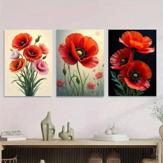 3pcs Vibrant Red Poppy Flower Metal Print Ready to Hang Art