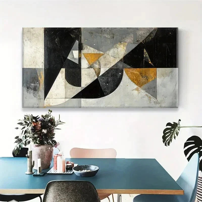 Golden Black & White Geometric Wall Art Canvas Office Home Room Framed 120x60cm