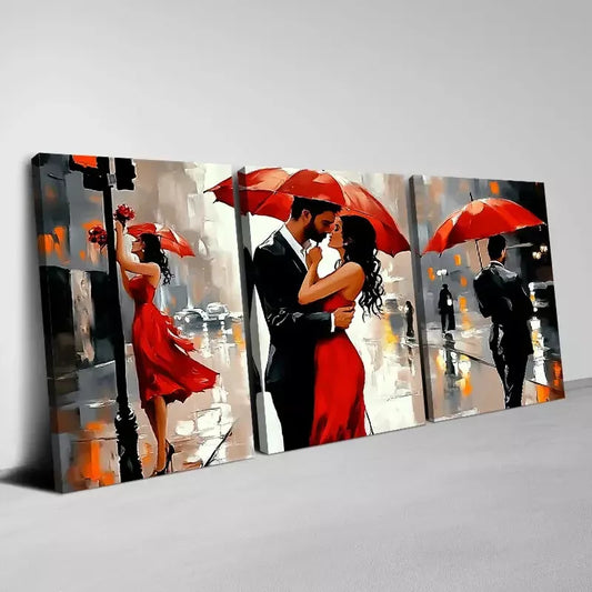 3pcs   Romantic Couple with Umbrella Raining Wall Art Set Canvas Framed 40x60cm - High Quality Print 100% Australian Made Wall Canvas Ready to Hang