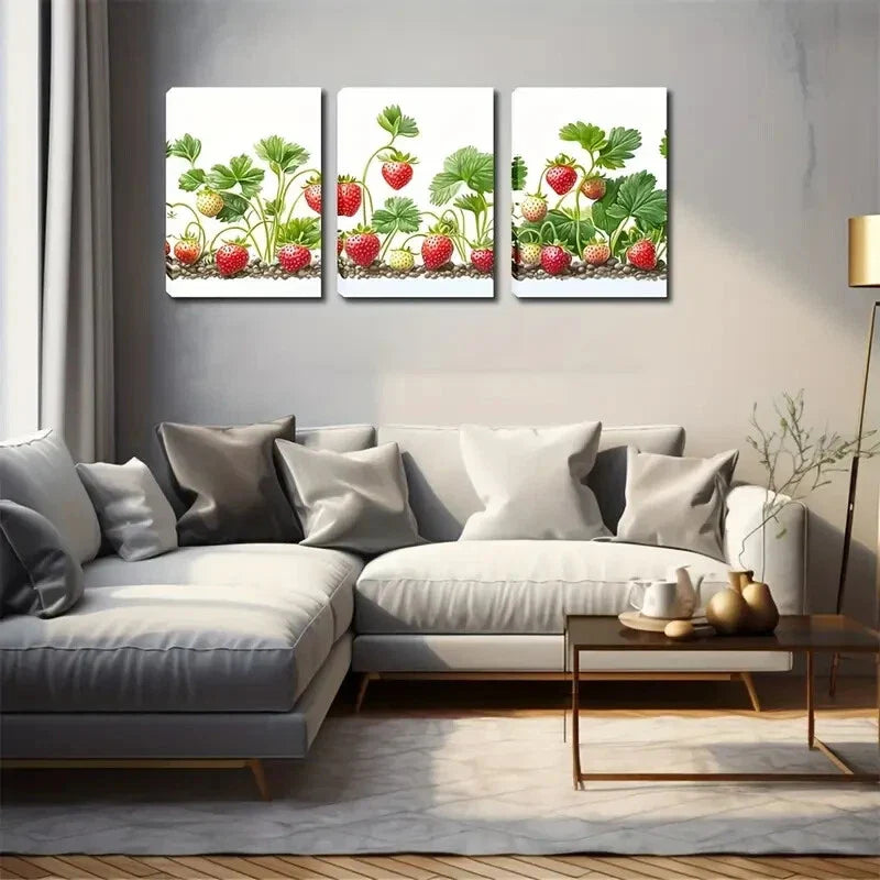 3pcs Growing Strawberries In Vivid Style Wall Art Set Canvas Framed 40x60cm - High Quality Print 100% Australian Made Wall Canvas Ready to Hang