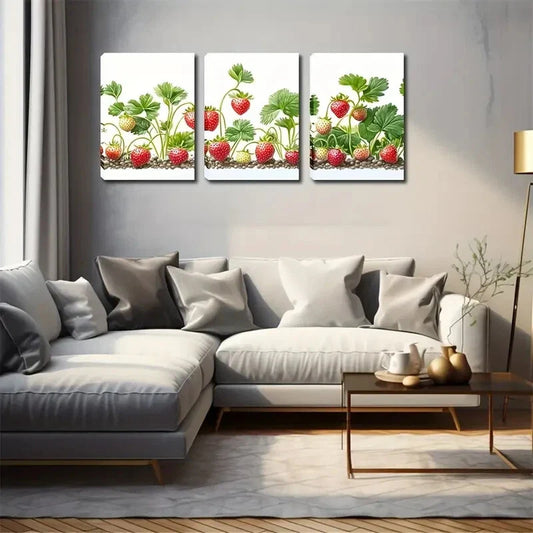 3pcs Growing Strawberries In Vivid Style Wall Art Set Canvas Framed 40x60cm - High Quality Print 100% Australian Made Wall Canvas Ready to Hang