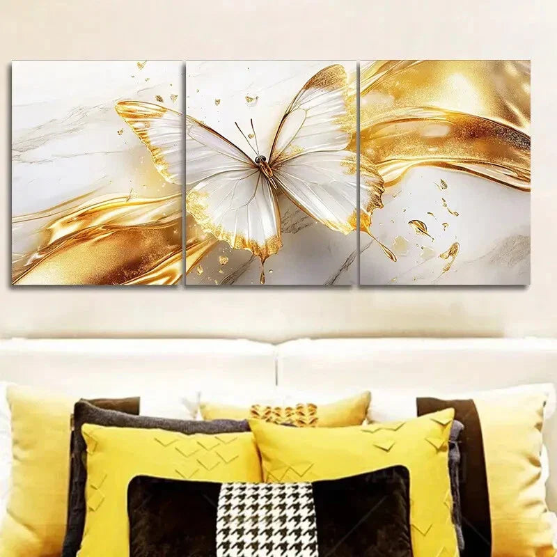 3pcs Ethereal Golden Butterfly  Art  Metal Print Ready to Hang Art