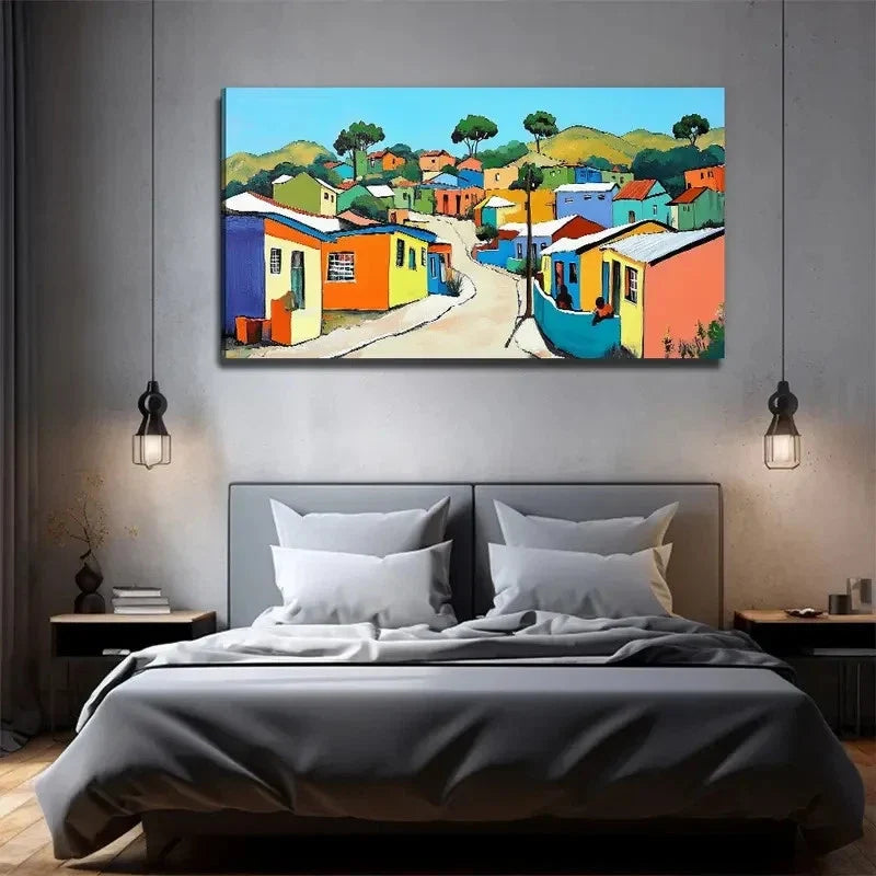 Colorful Houses Wall Art Canvas Office Home Room Framed 80x45cm