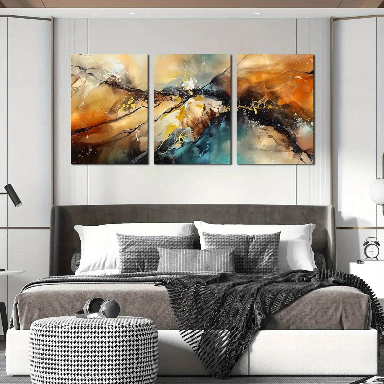 3pcs Abstract Modern Golden Blue Metal Print Ready to Hang Art