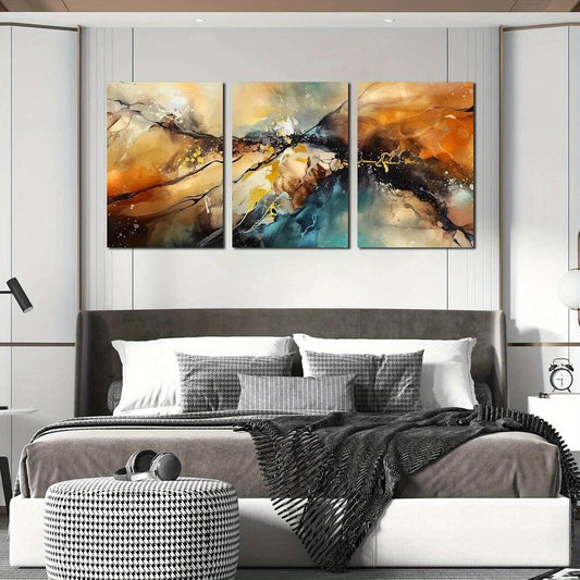 3pcs Abstract Modern Golden Blue Metal Print Ready to Hang Art