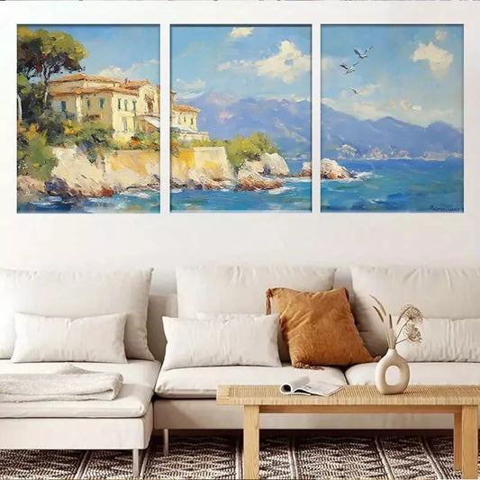 3pcs Modern Mediterranean Coastal Villa Wall Art Set Canvas Framed 40x60cm - High Quality Print 100% Australian Made Wall Canvas Ready to Hang