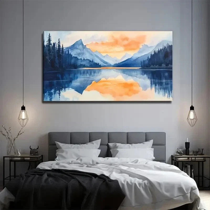 Lake Scenery Painting Style Wall Art Canvas Office Home Room Framed 80x45cm