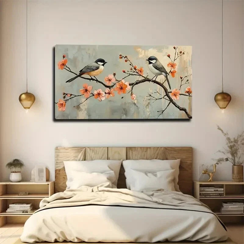 Two Birds on Pink Flower Branch Wall Art Canvas Office Home Room Framed 120x60cm