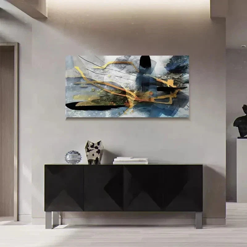 Blue Black & Golden Abstract Modern Wall Art Canvas Office Home Room Framed 80x45cm