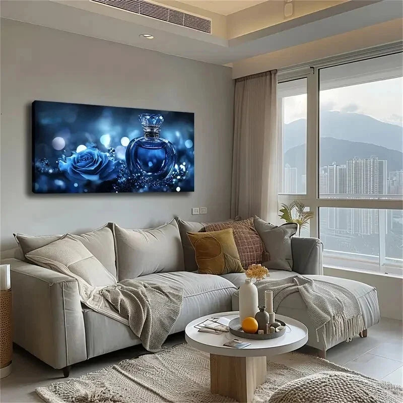 Blue Rose and Perfume Still Wall Art Canvas Office Home Room Framed 120x60cm