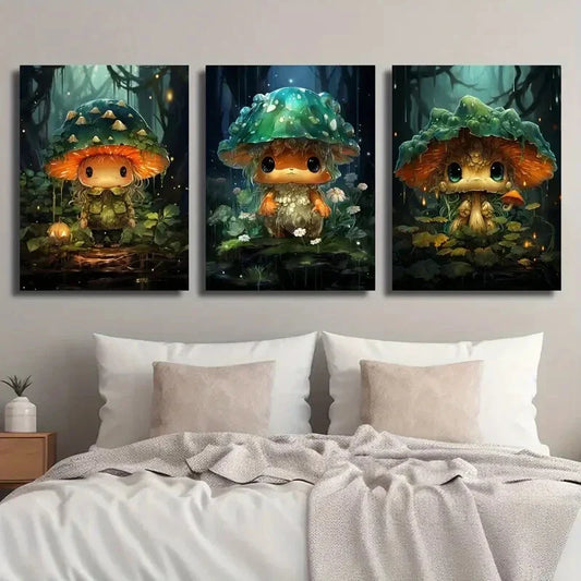 3pcs Glowing Mushroom Forest Whimsical Nature Metal Print Ready to Hang Art