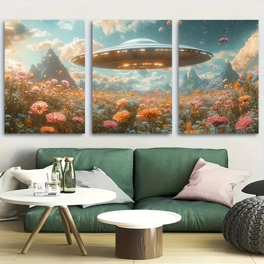 3pcs Majestic UFO Over Floral Meadow Metal Print Ready to Hang Art