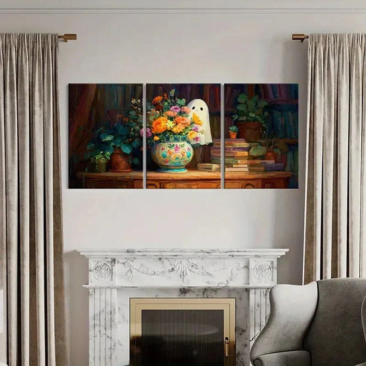 3pcs Artistic Floral Arrangement Ghostly Figure Metal Print Ready to Hang Art