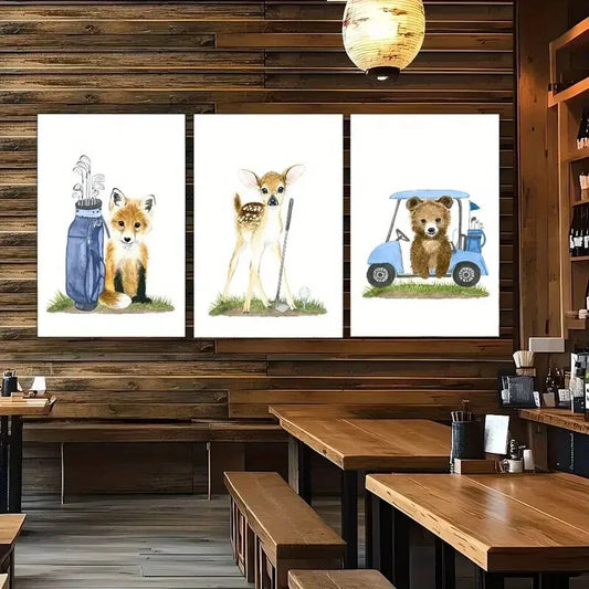 3pcs Whimsical Animal Golf Decor Prints Metal Print Ready to Hang Art
