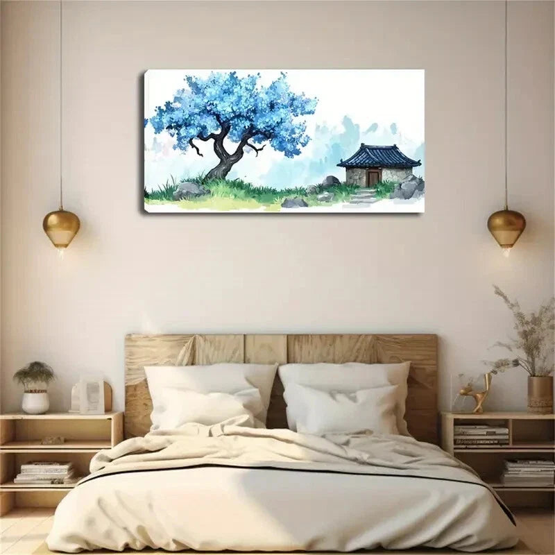 Blue Floral Tree Stone Cottage Wall Art Canvas Office Home Room Framed 120x60cm