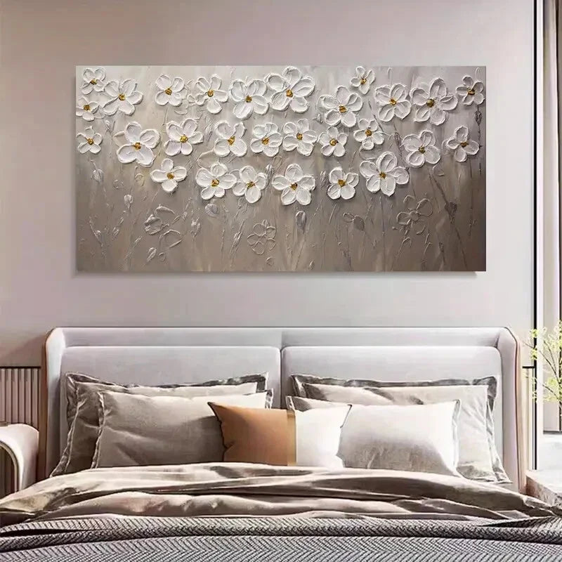 White Blooming Flowers Deco Wall Art Canvas Office Home Room Framed 80x45cm