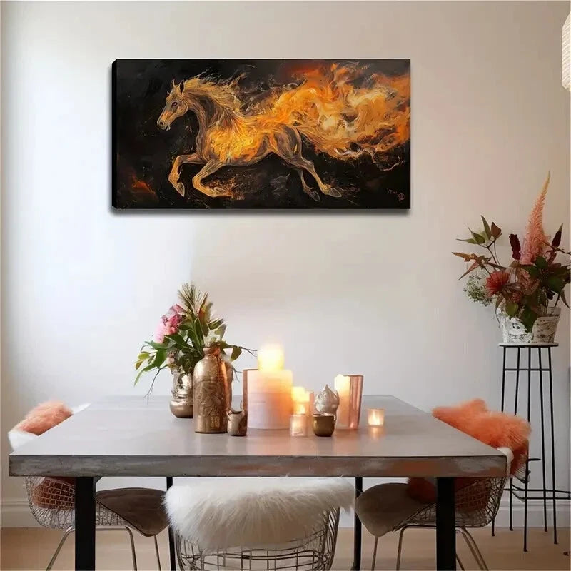A Horse Running Flames Burning Wall Art Canvas Office Home Room Framed 120x60cm