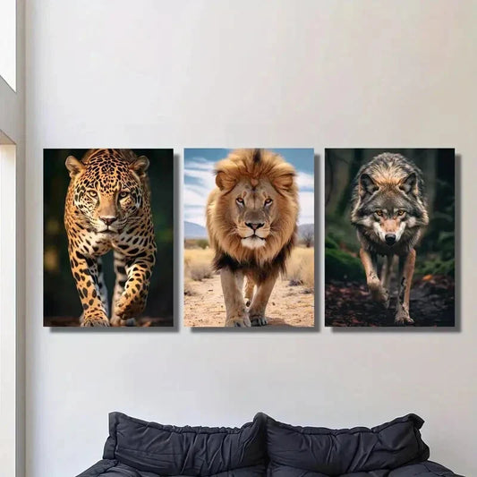 3pcs Including a Jaguar Lion And Brazilian Wolf Metal Print Ready to Hang Art