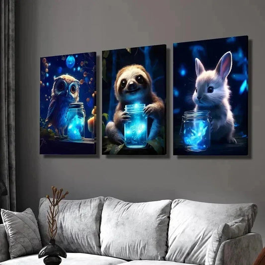 3pcs Luminous Magic Owls Sloths & Rabbits Wall Art Set Canvas Framed 40x60cm - High Quality Print 100% Australian Made Wall Canvas Ready to Hang