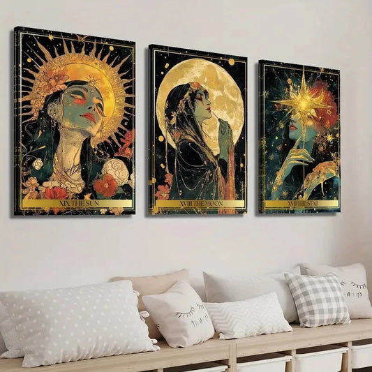 3pcs Magic Cards Sun Stars And Moon Cards Wall Art Set Canvas Framed 40x60cm - High Quality Print 100% Australian Made Wall Canvas Ready to Hang