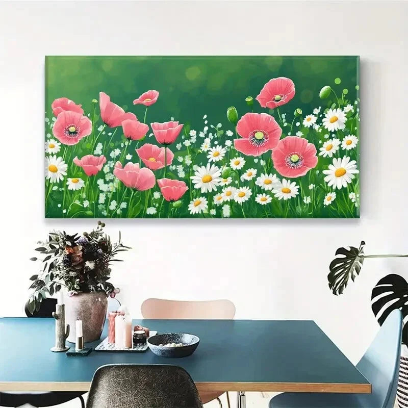 Vibrant Daisy & Poppy Décor Wall Art Canvas Office Home Room Framed 120x60cm