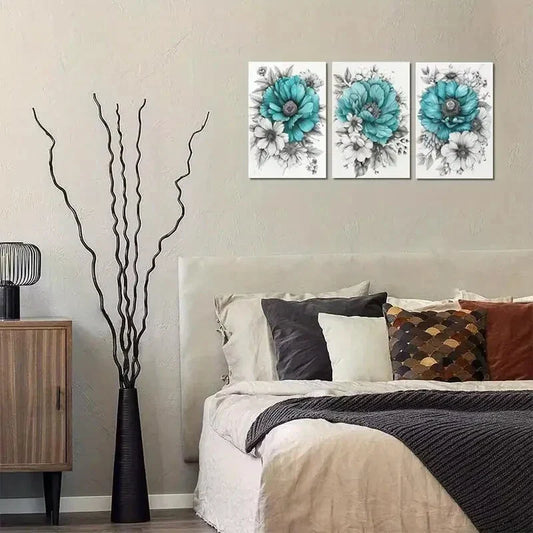 3pcs Blue & White Daisies with Green Leaves Metal Print Ready to Hang Art