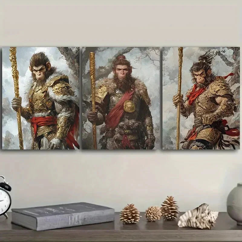 3pcs The Monkey King Mythology Theme  Wall Art Set Canvas Framed 40x60cm - High Quality Print 100% Australian Made Wall Canvas Ready to Hang