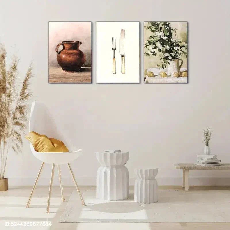 3pcs Ceramic Pots Floral Arrangements And Still Metal Print Ready to Hang Art