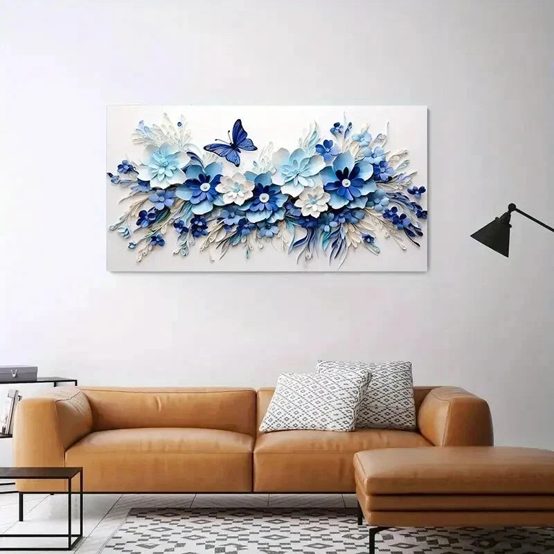 Blue Floral & Butterflies wall canvas office home room framed 120x60cm